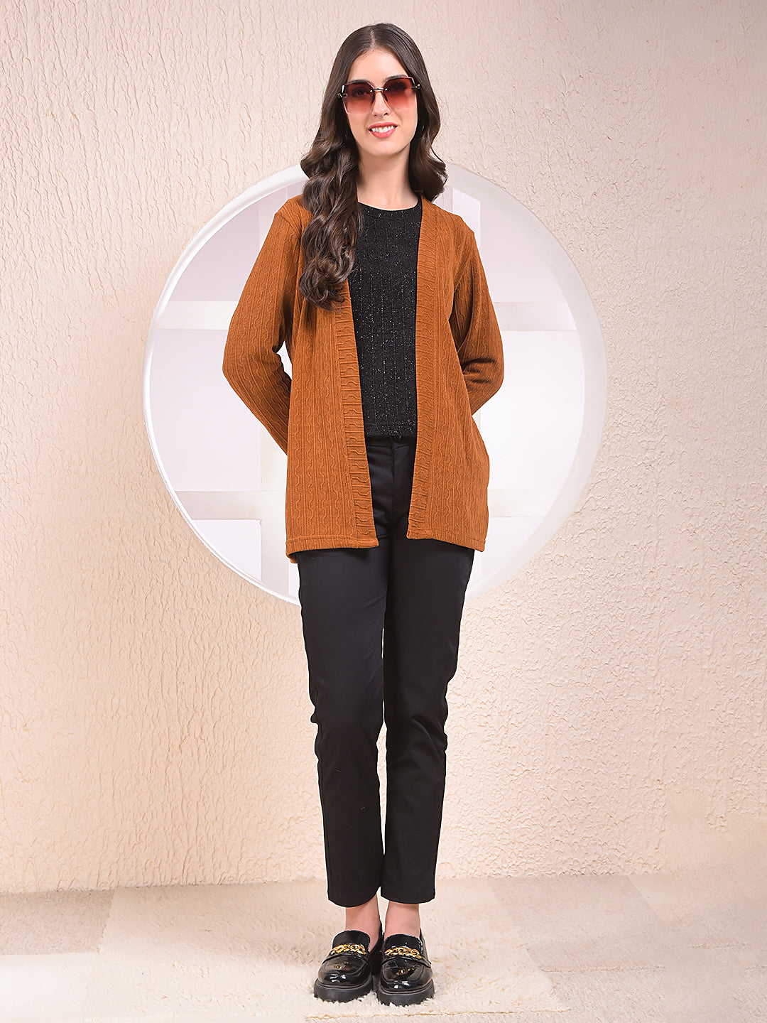 Brown Printed V-Neck Open Front Shrug
