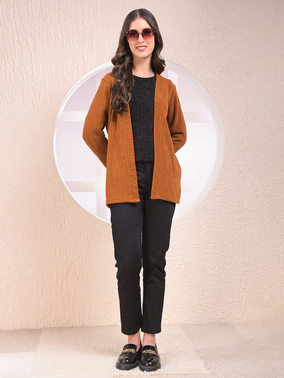 Brown Printed V-Neck Open Front Shrug
