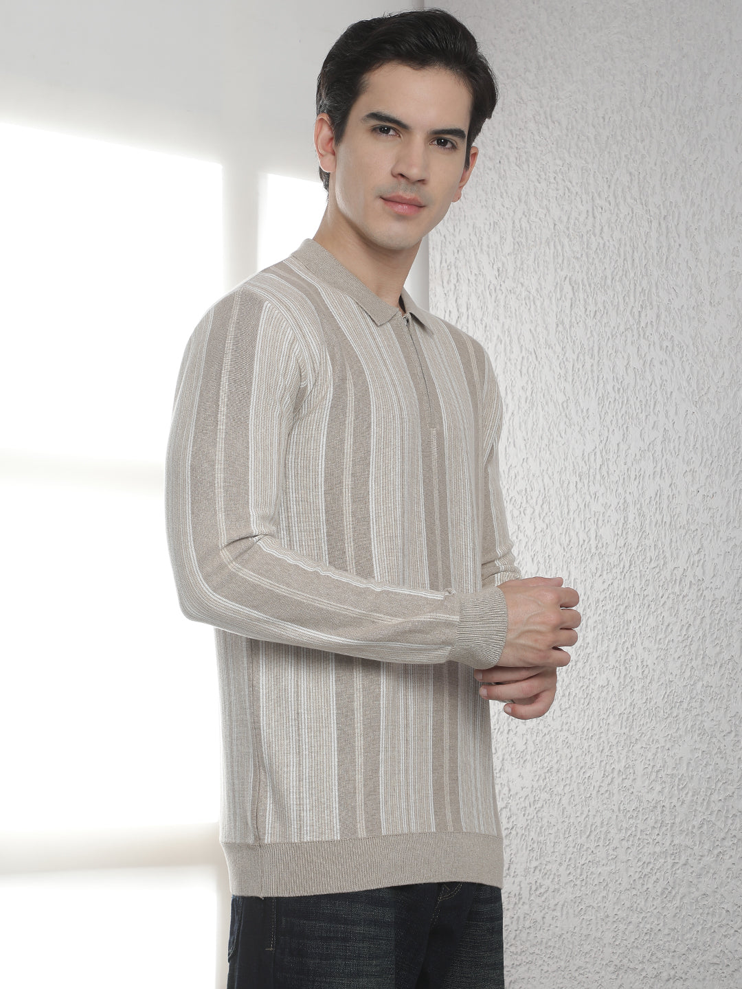 Beige 100% Cotton Verical Stripes Polo Neck Sweater