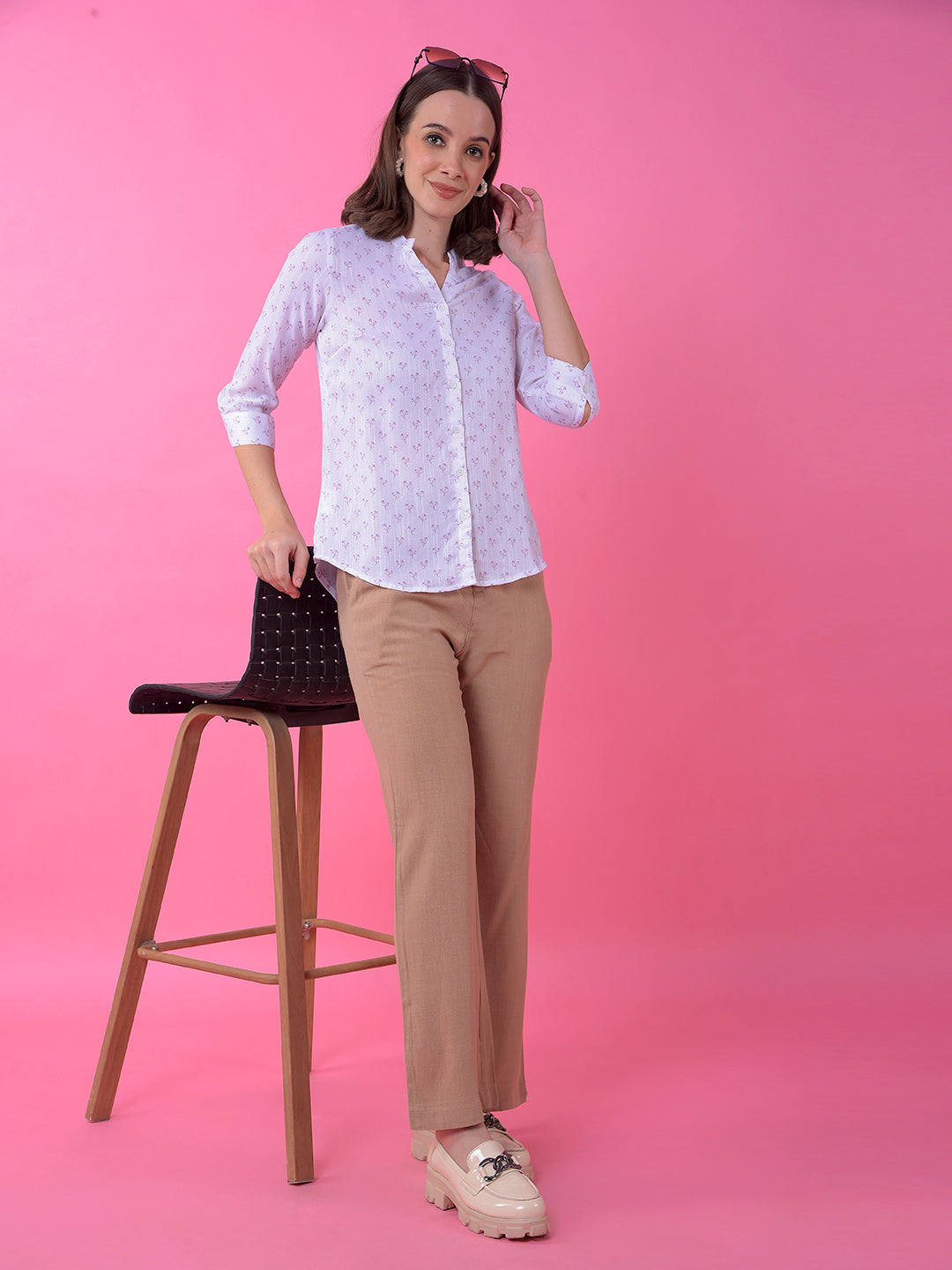 White Floral Print V-Neck Shirt