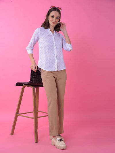 White Floral Print V-Neck Shirt