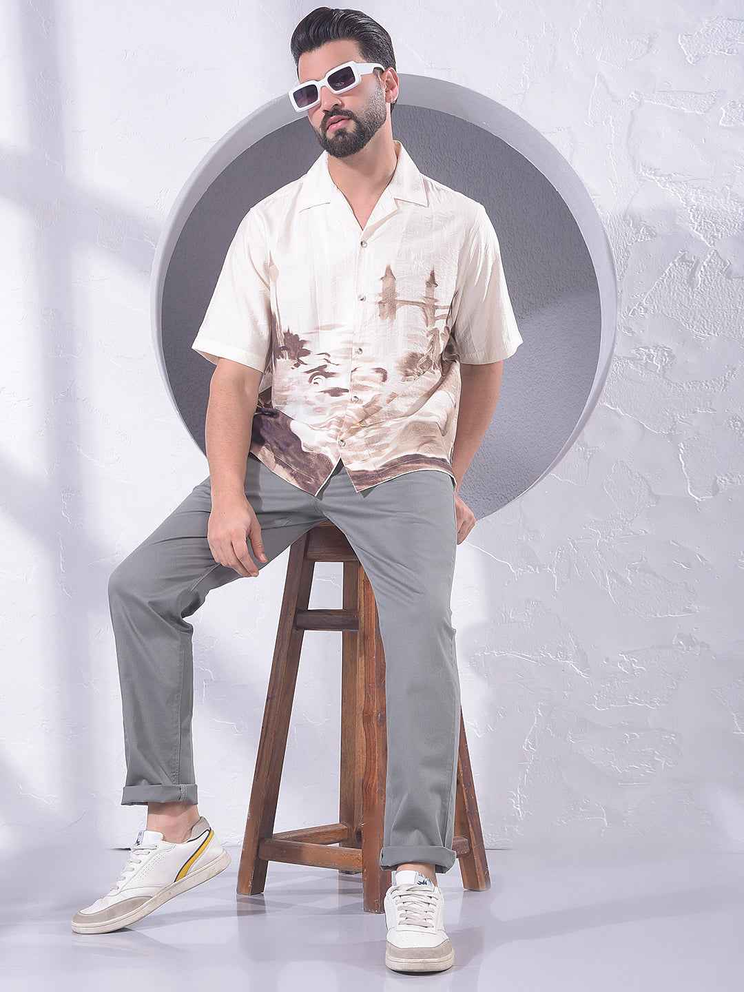 Olive Printed Resort-Collar Shirt