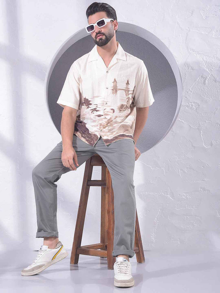 Olive Printed Resort-Collar Shirt