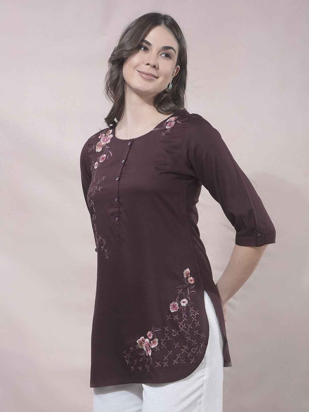 Wine Floral Embroidered Top