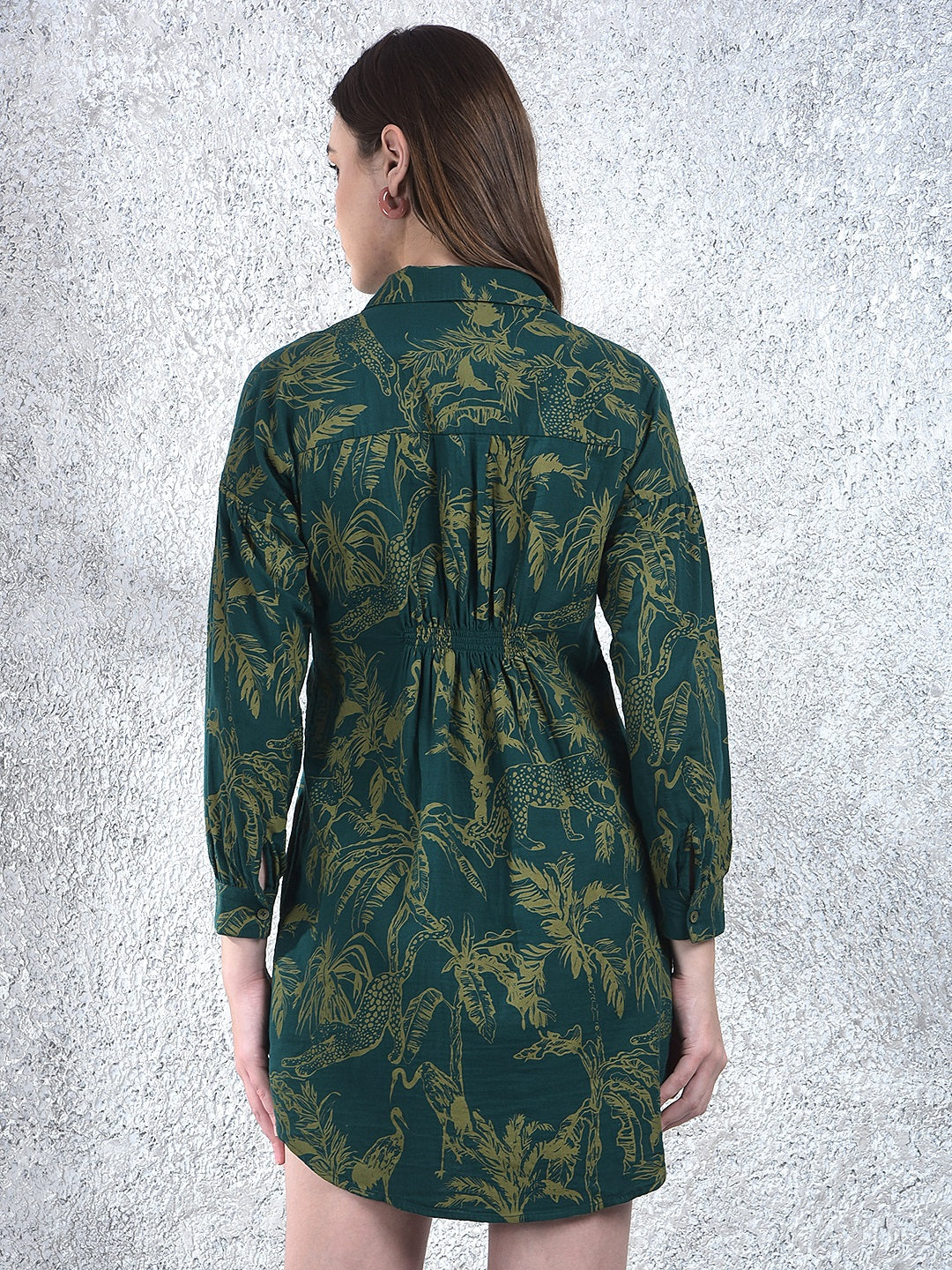 Green Floral Print 100% Cotton Mini Shirt-Dress