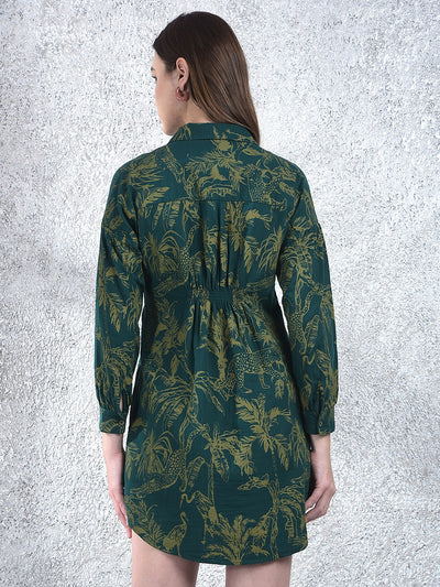 Green Floral Print 100% Cotton Mini Shirt-Dress