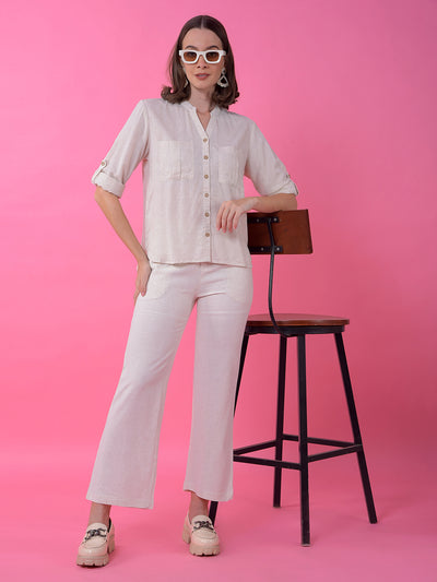Off White V-Neck Linen Shirt