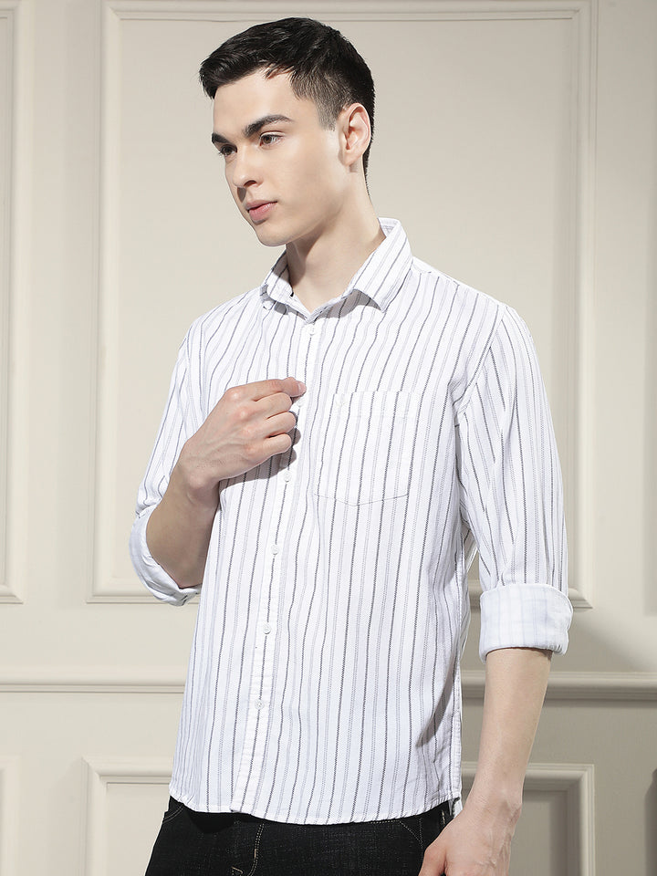 White Vertical Stripes 100% Cotton Corduroy Shirt