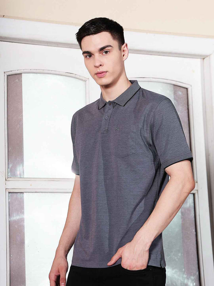 Blue Textured Polo Neck T-Shirt