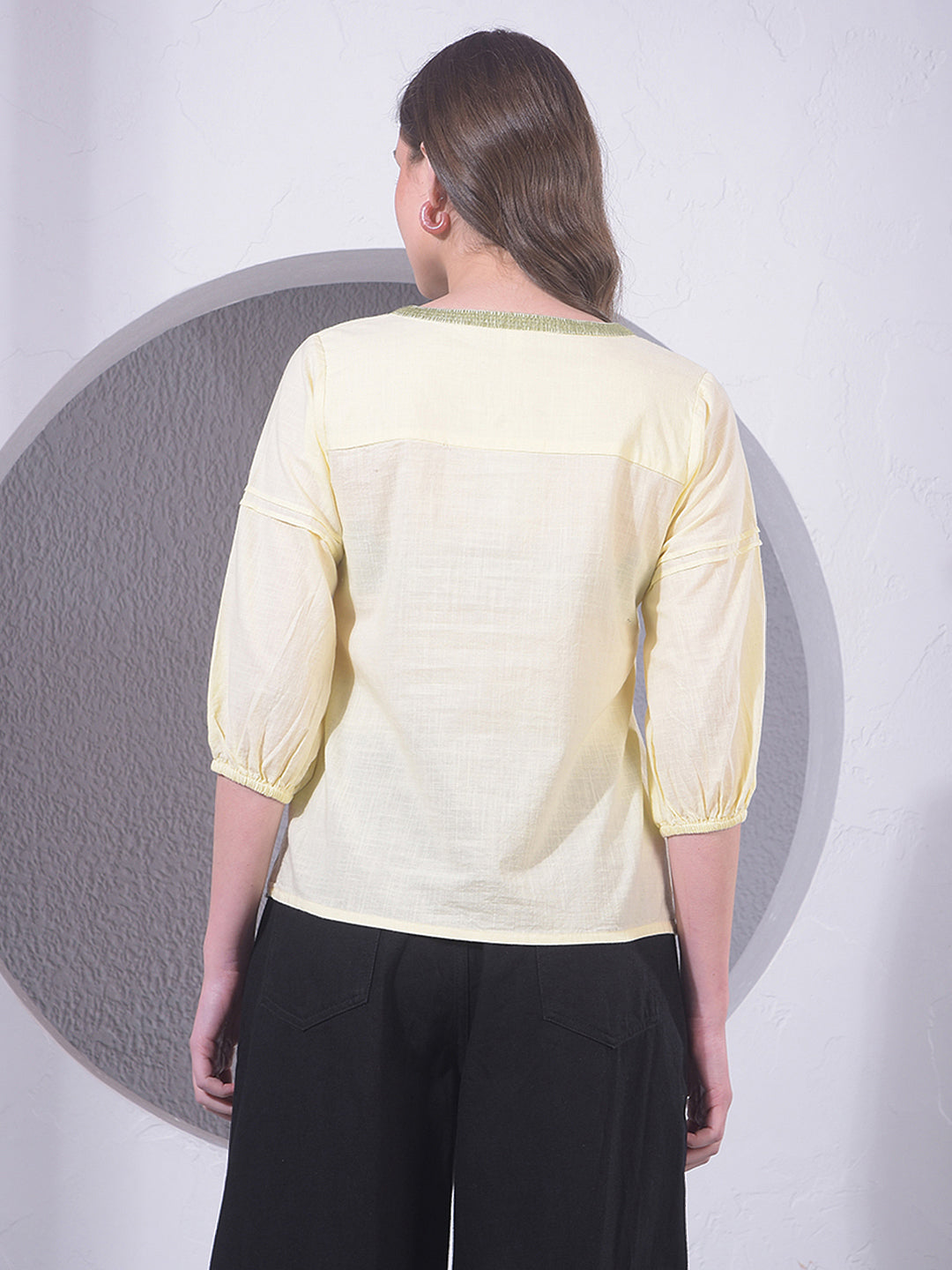 Yellow Embroidered V-Neck 100% Cotton Top