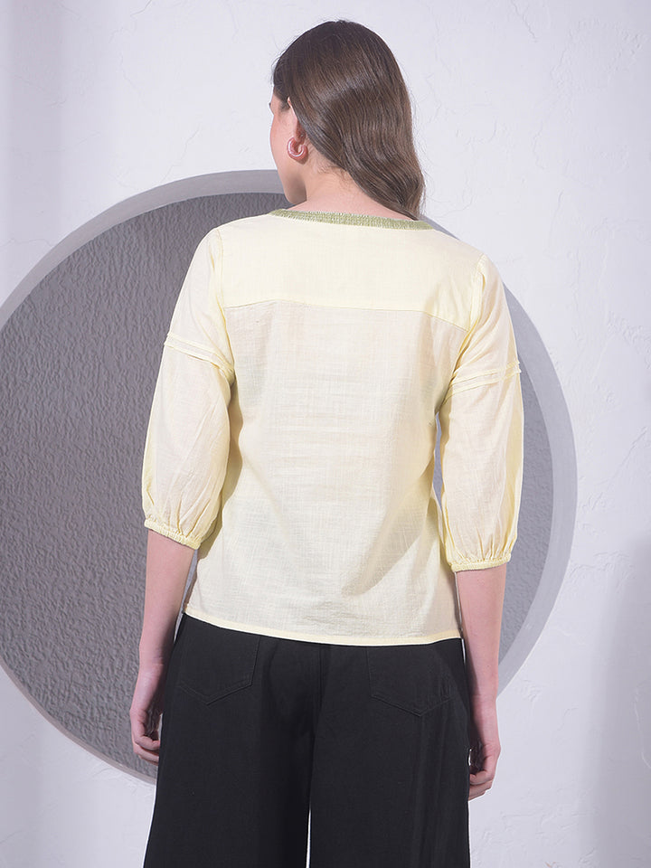 Yellow Embroidered V-Neck 100% Cotton Top