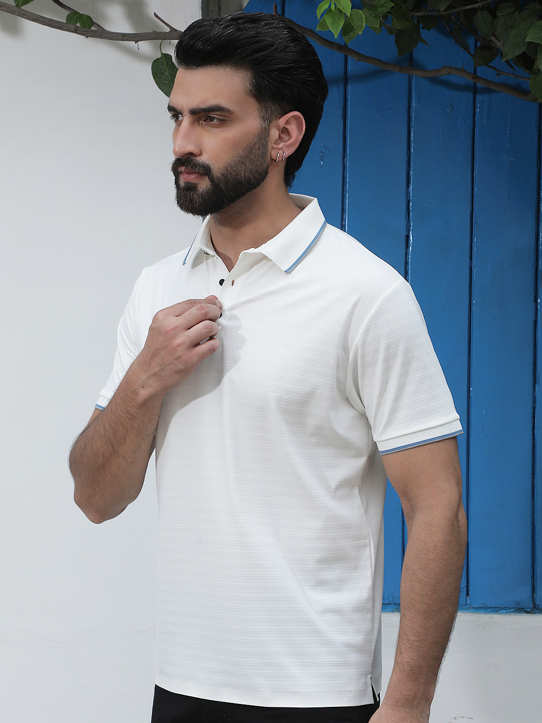 White Horizontal Stripes Polo Neck T-Shirt