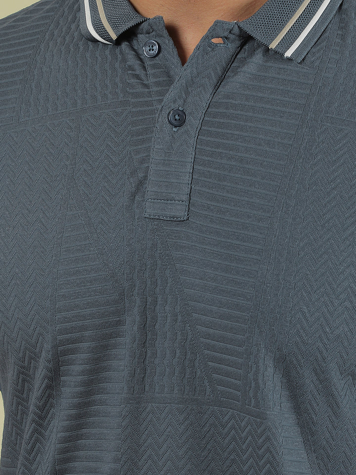 Blue Jacquard Polo Neck T-Shirt