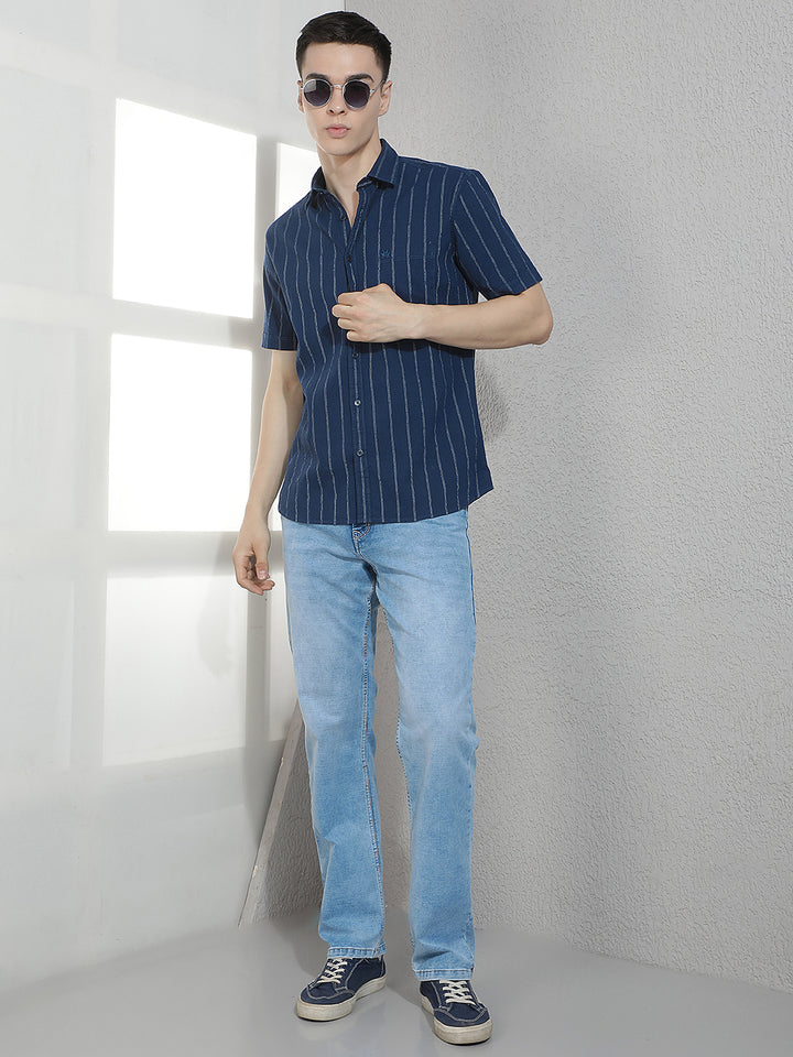 Navy Blue Vertical Striped Shirt