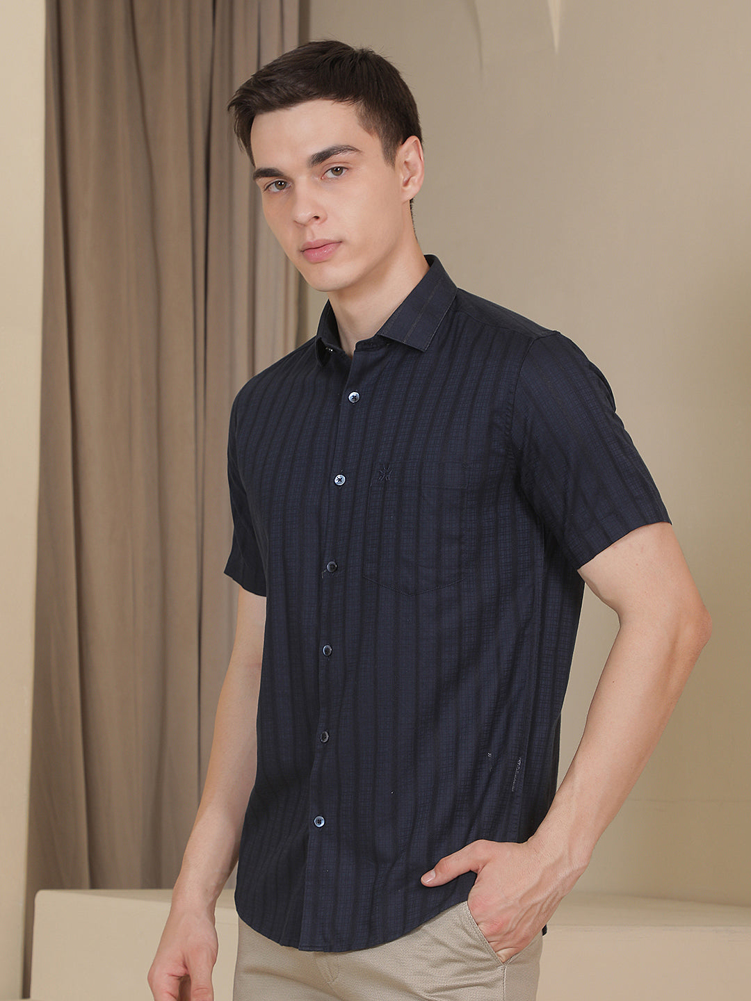 Navy Blue Vertical Stripes Shirt