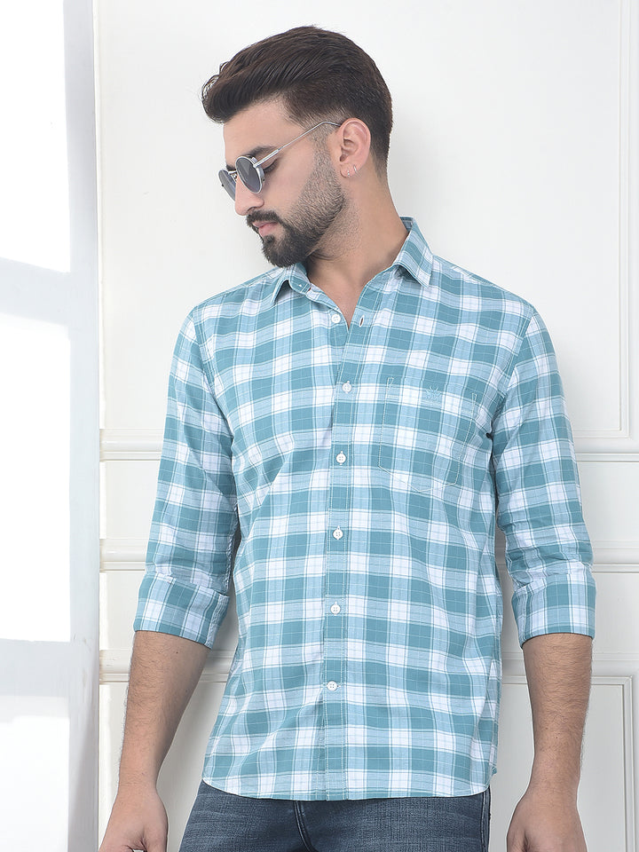 Umber Celeste Blue Checked 100% Cotton Shirt
