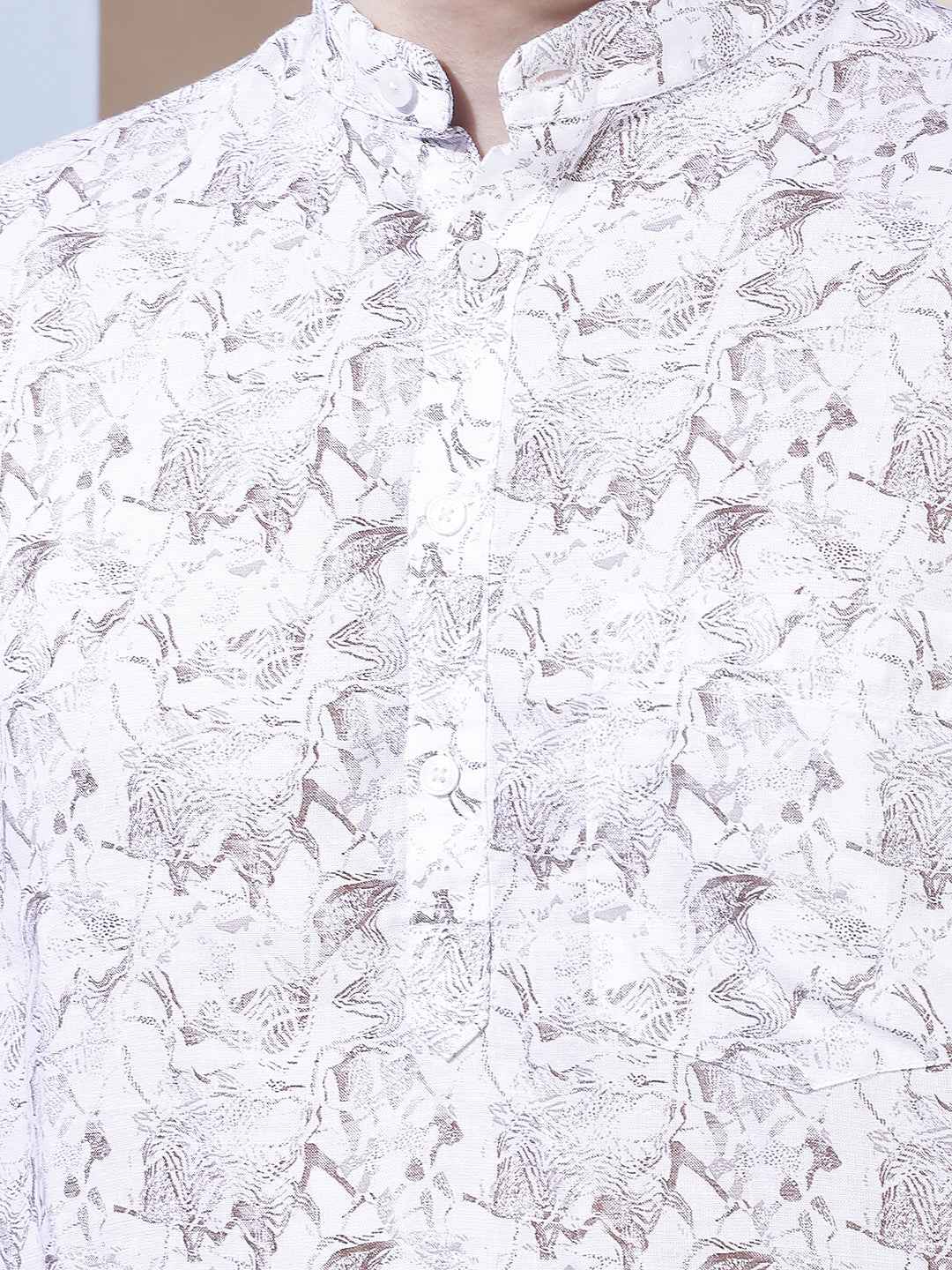White Floral Print Linen Kurta