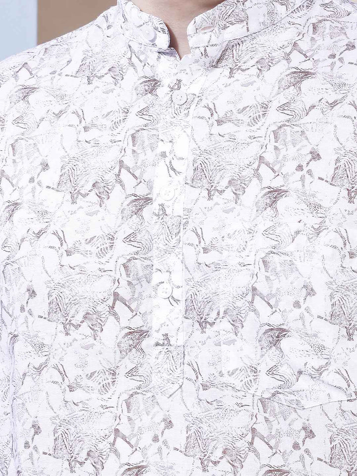 White Floral Print Linen Kurta