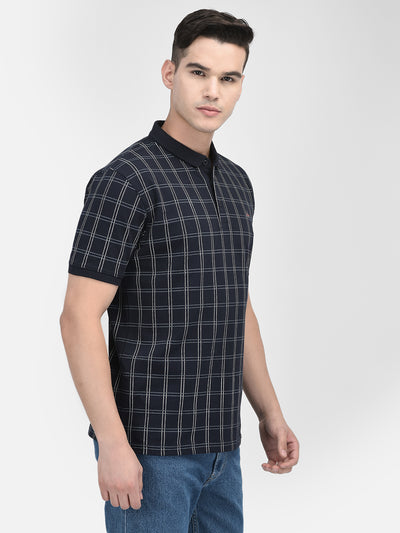Navy Blue Checked Polo Neck T-Shirt