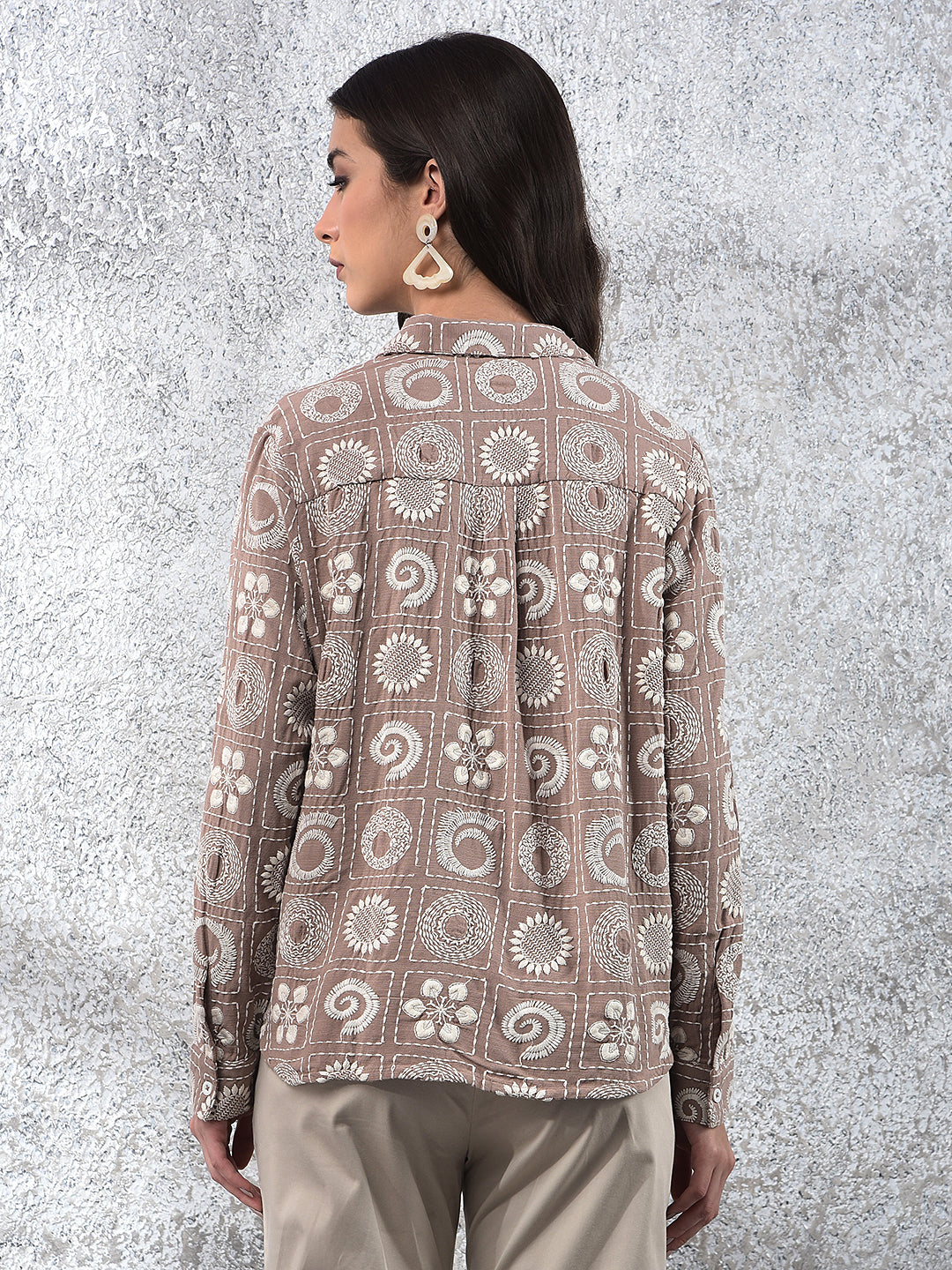 Brown Embroidered Linen Shirt
