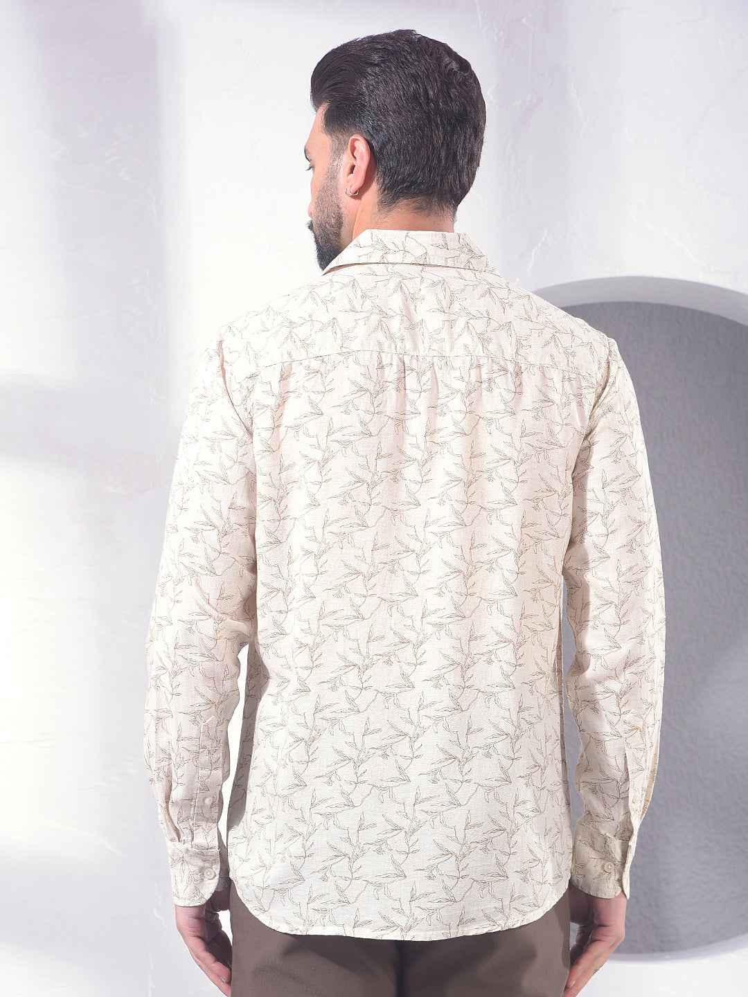 Beige Floral Print Linen Shirt