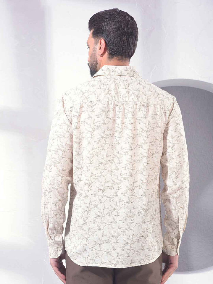 Beige Floral Print Linen Shirt