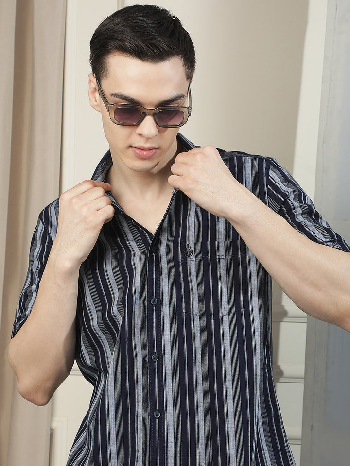 Navy Blue Vertical Stripes 100% Cotton Shirt