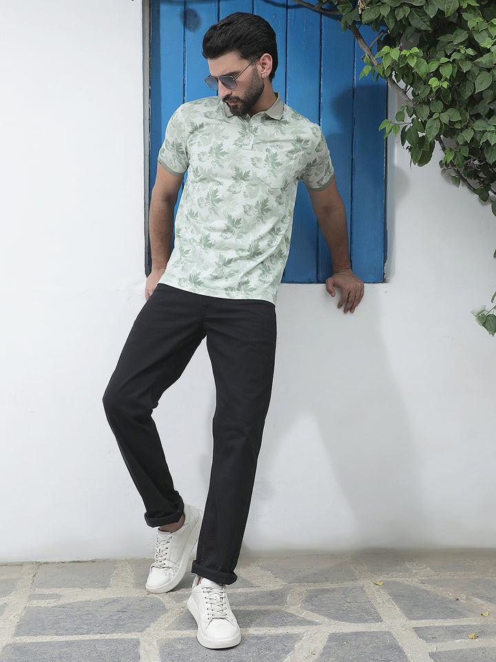 Green Floral Print Polo Neck T-Shirt