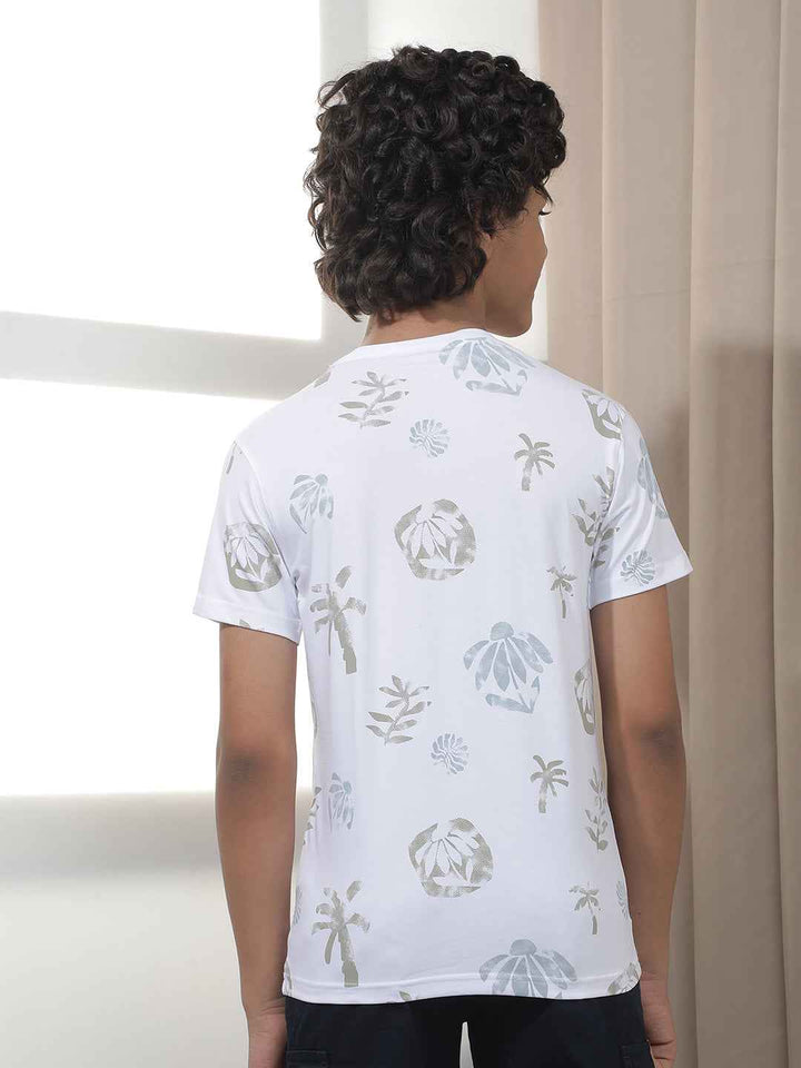 White Tropical Print Crew Neck T-Shirt