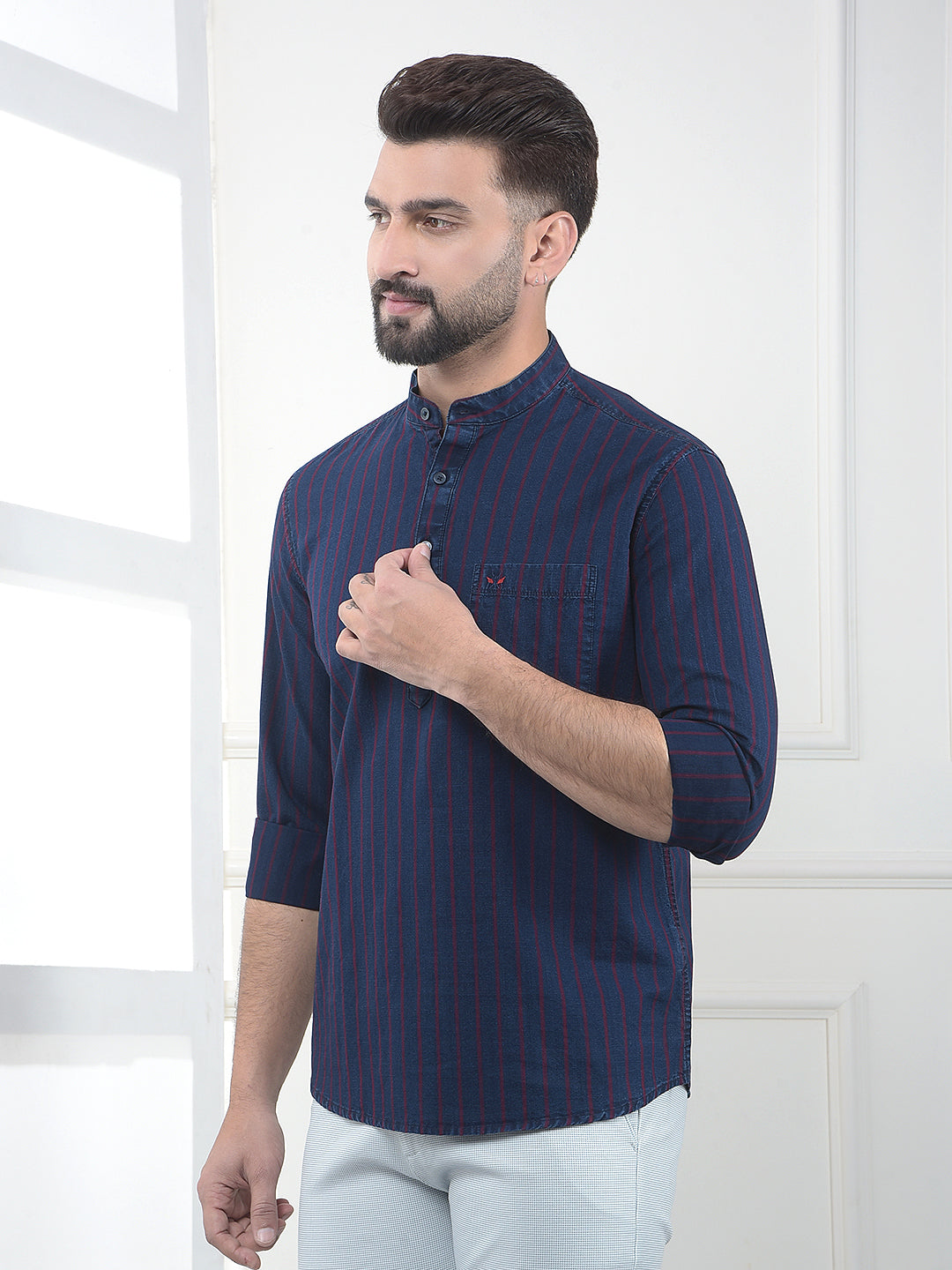 Blue Verticle Striped 100% Cotton Kurta