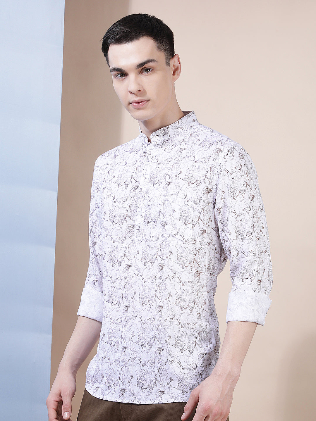 White Floral Print Linen Kurta