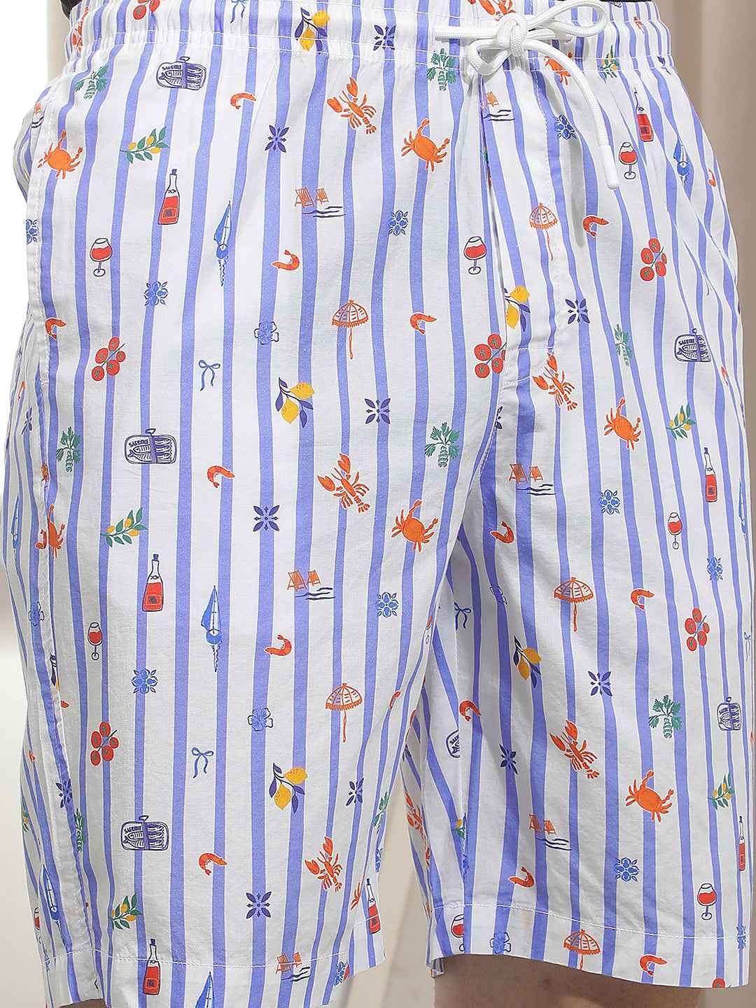 Blue 100% Cotton Vertical Striped Lounge Shorts
