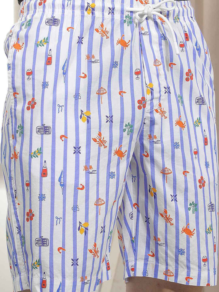 Blue 100% Cotton Vertical Striped Lounge Shorts