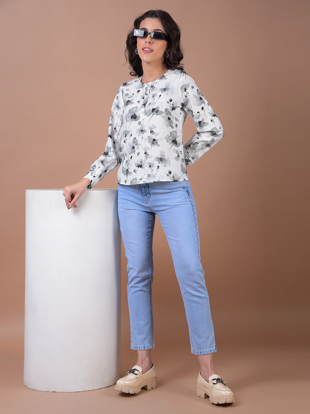 Grey Floral Print Top