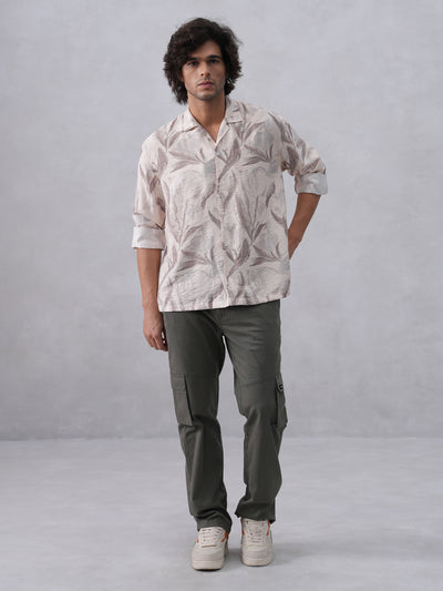 Beige Floral Print Resort-Collar Shirt