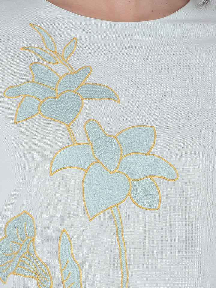 Green Embroidered Linen Longline Top