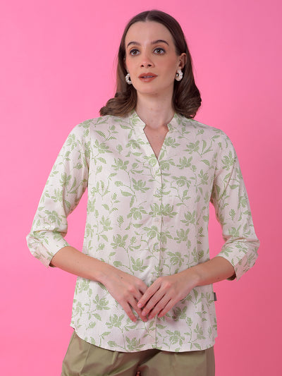 Green Floral Print V-Neck Shirt
