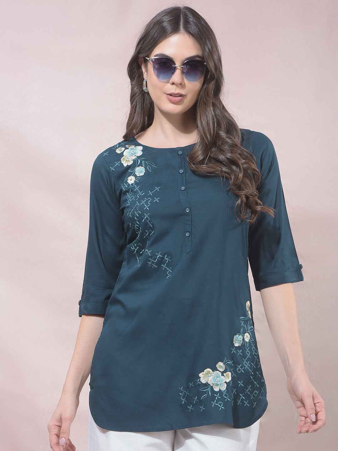 Green Floral Embroidered Top