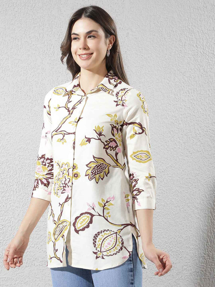 Multi-Color Botanical Print Longline Linen Shirt
