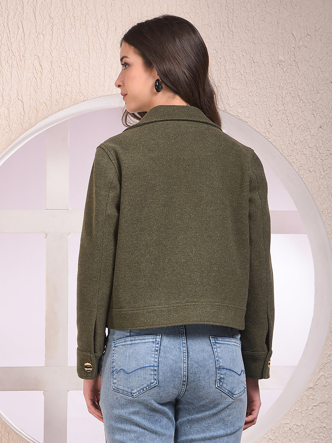 Olive Notched Lapel Double-Breasted Coat