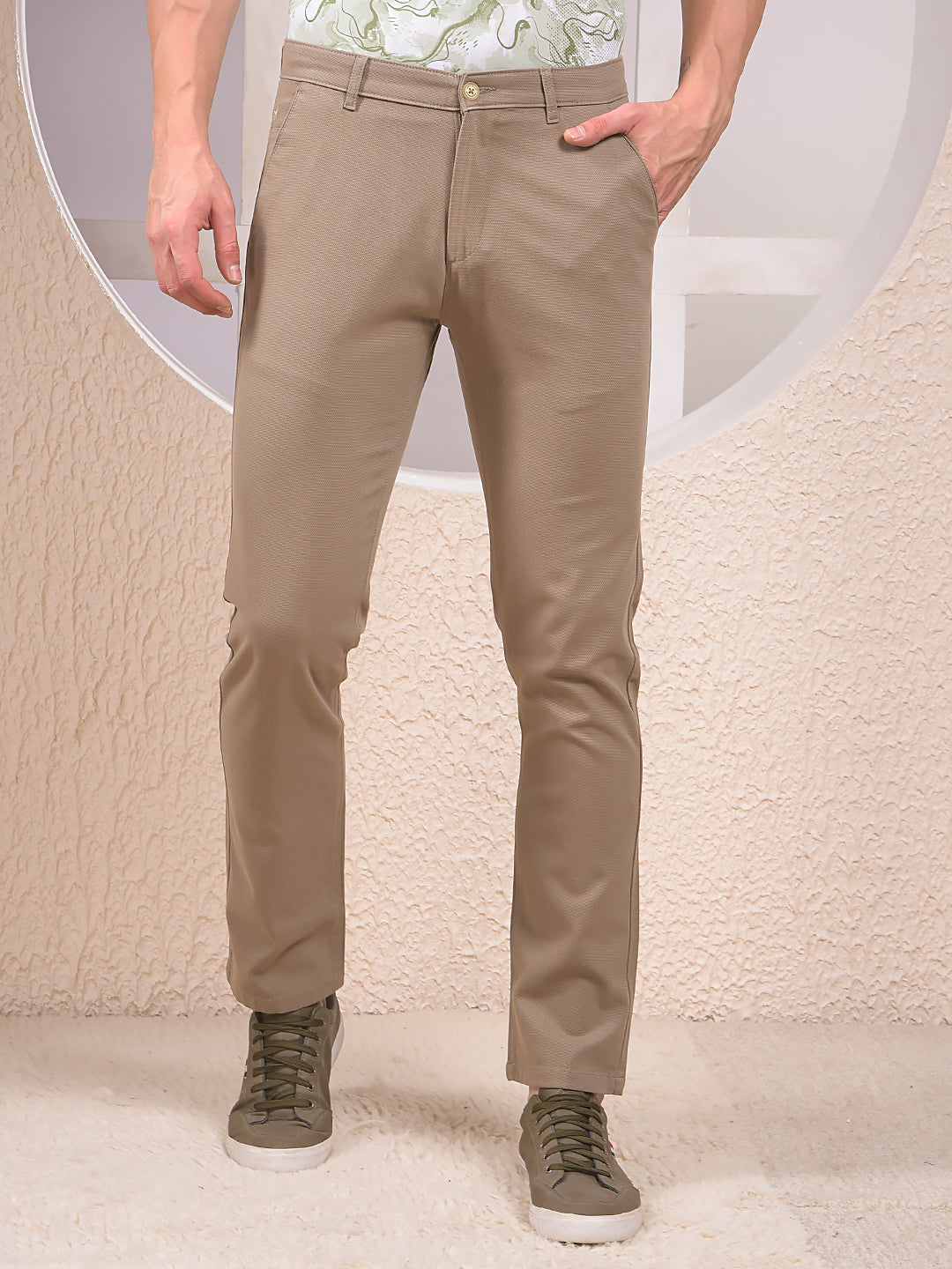 Stone Khaki Textured Fit Trousers
