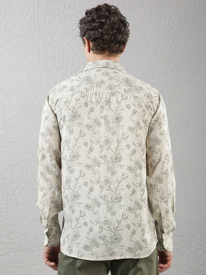 Linen Olive Floral Print Shirt