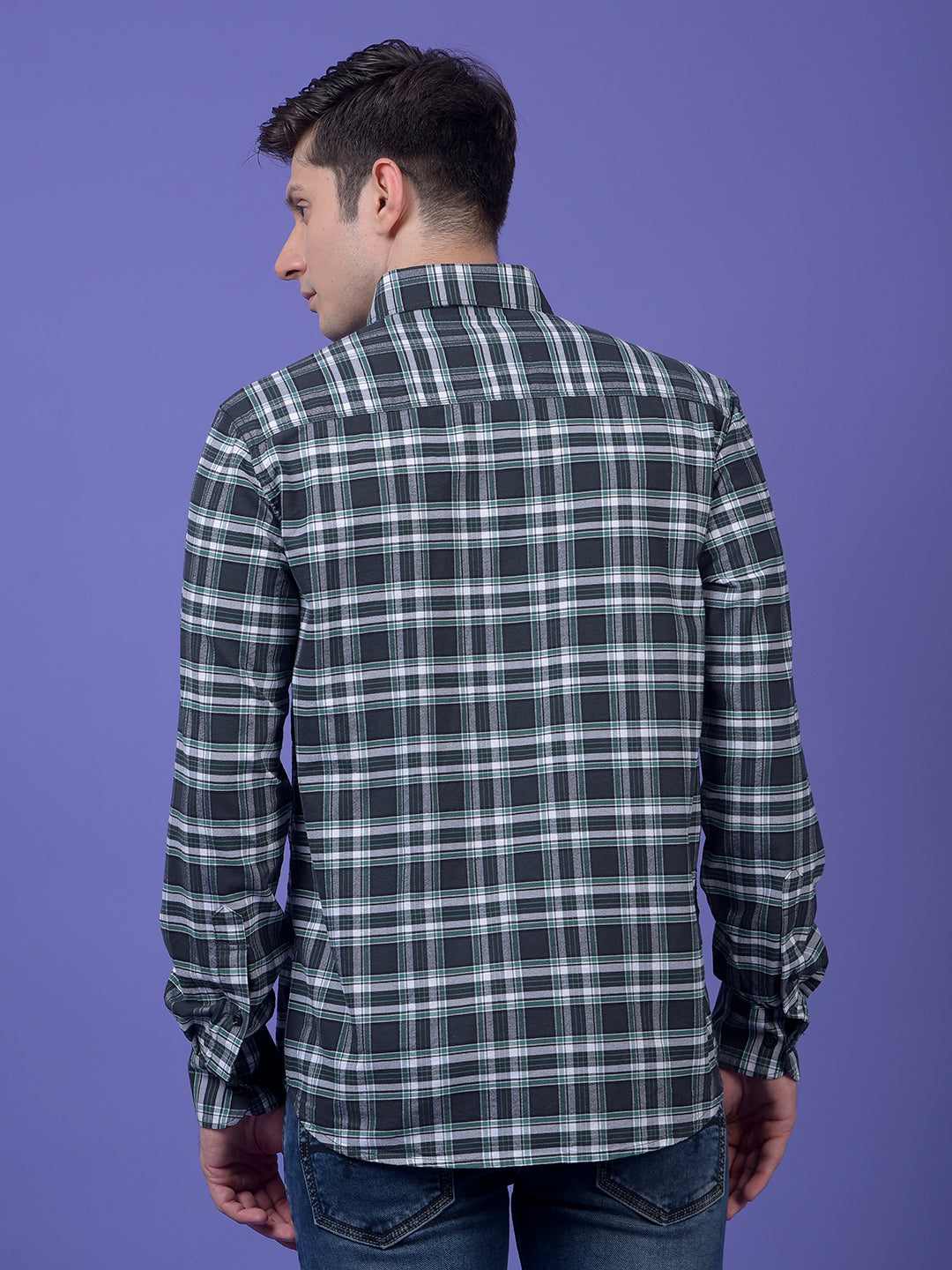 Green Checked Button-Down Collar 100% Cotton Shirt