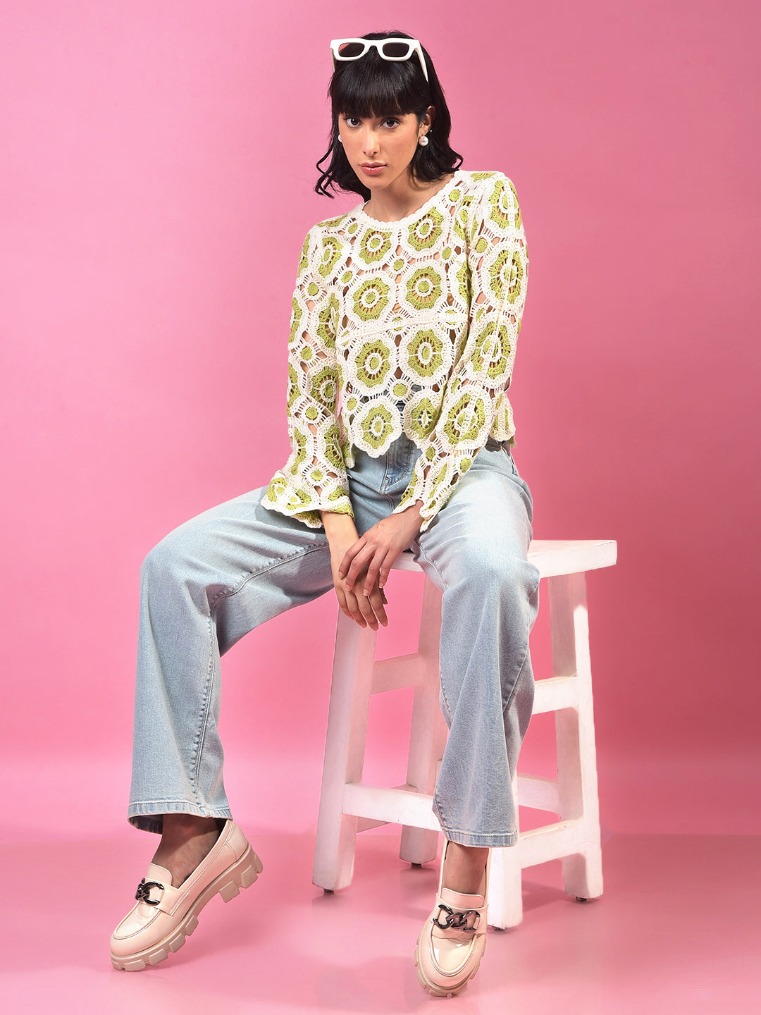 Green Embroidered Crochet Top-Women Tops-Crimsoune Club