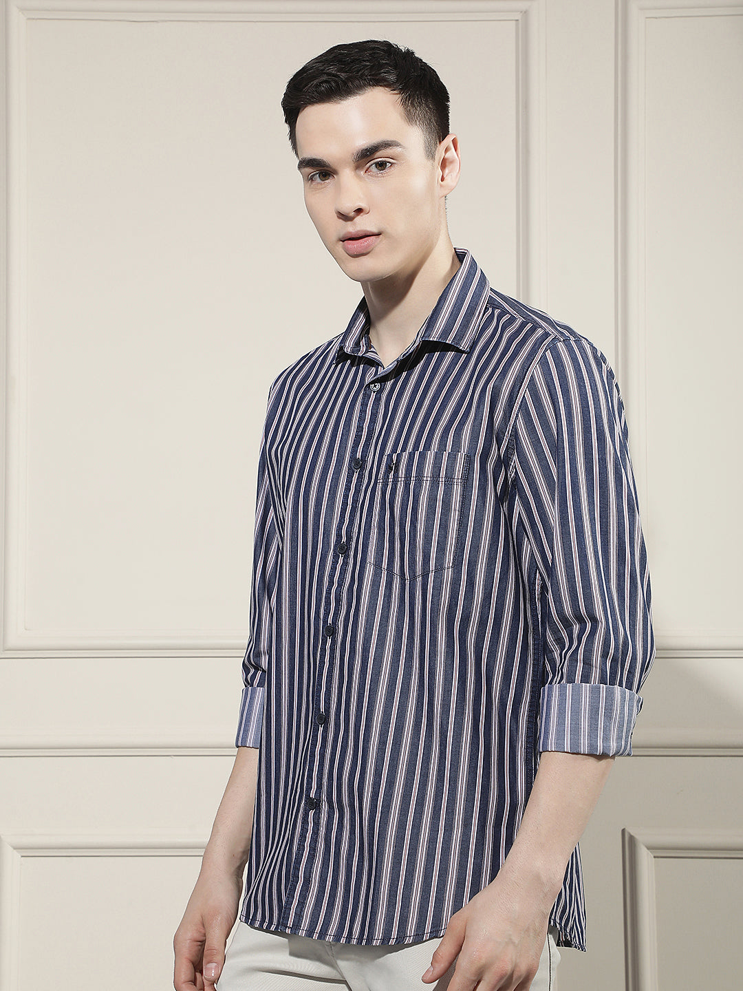 Navy Blue Vertical Stripes 100% Cotton Shirt