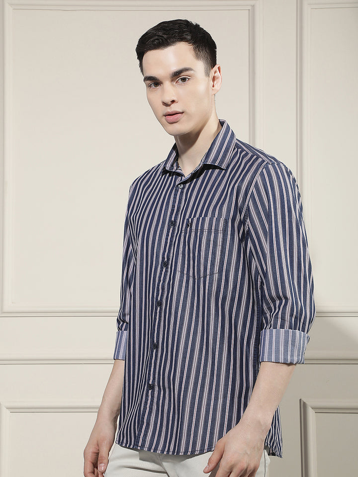 Navy Blue Vertical Stripes 100% Cotton Shirt