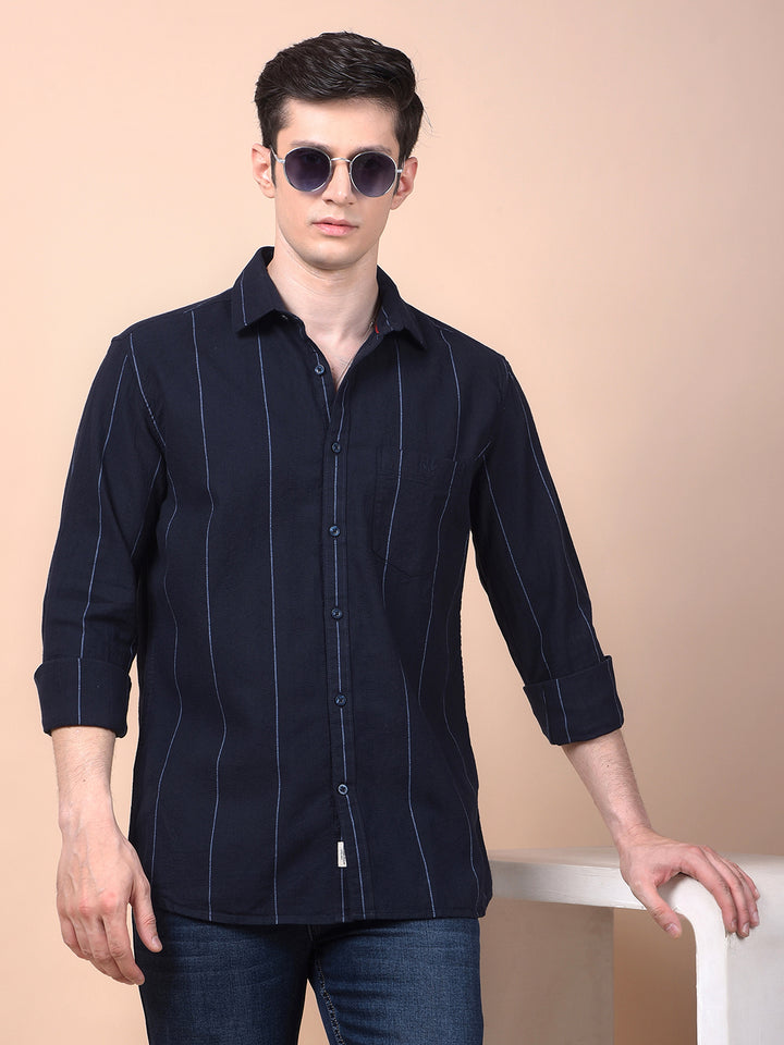 Navy Blue Vertical Stripes 100% Cotton Shirt