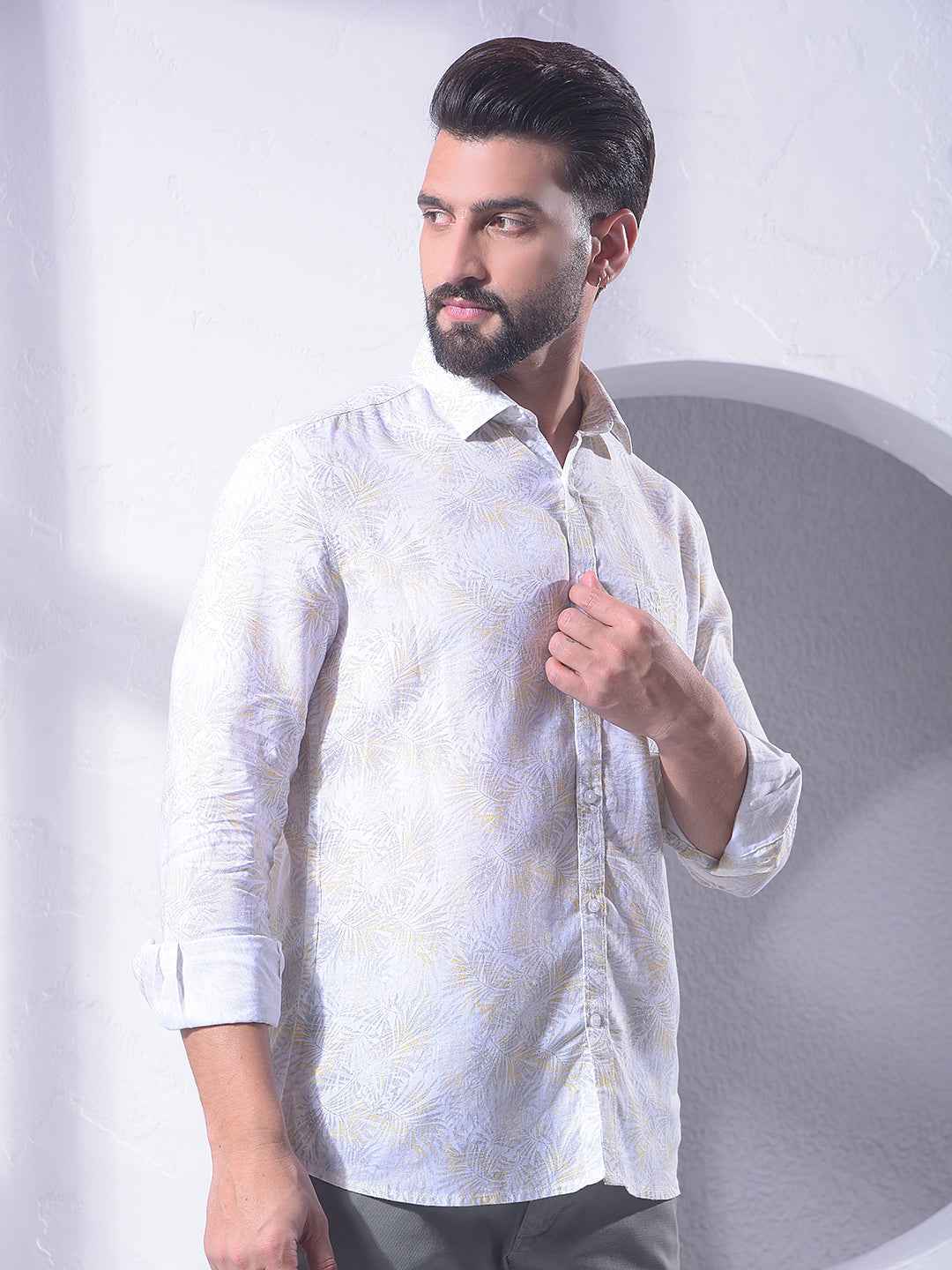 Yellow Floral Print Linen Shirt