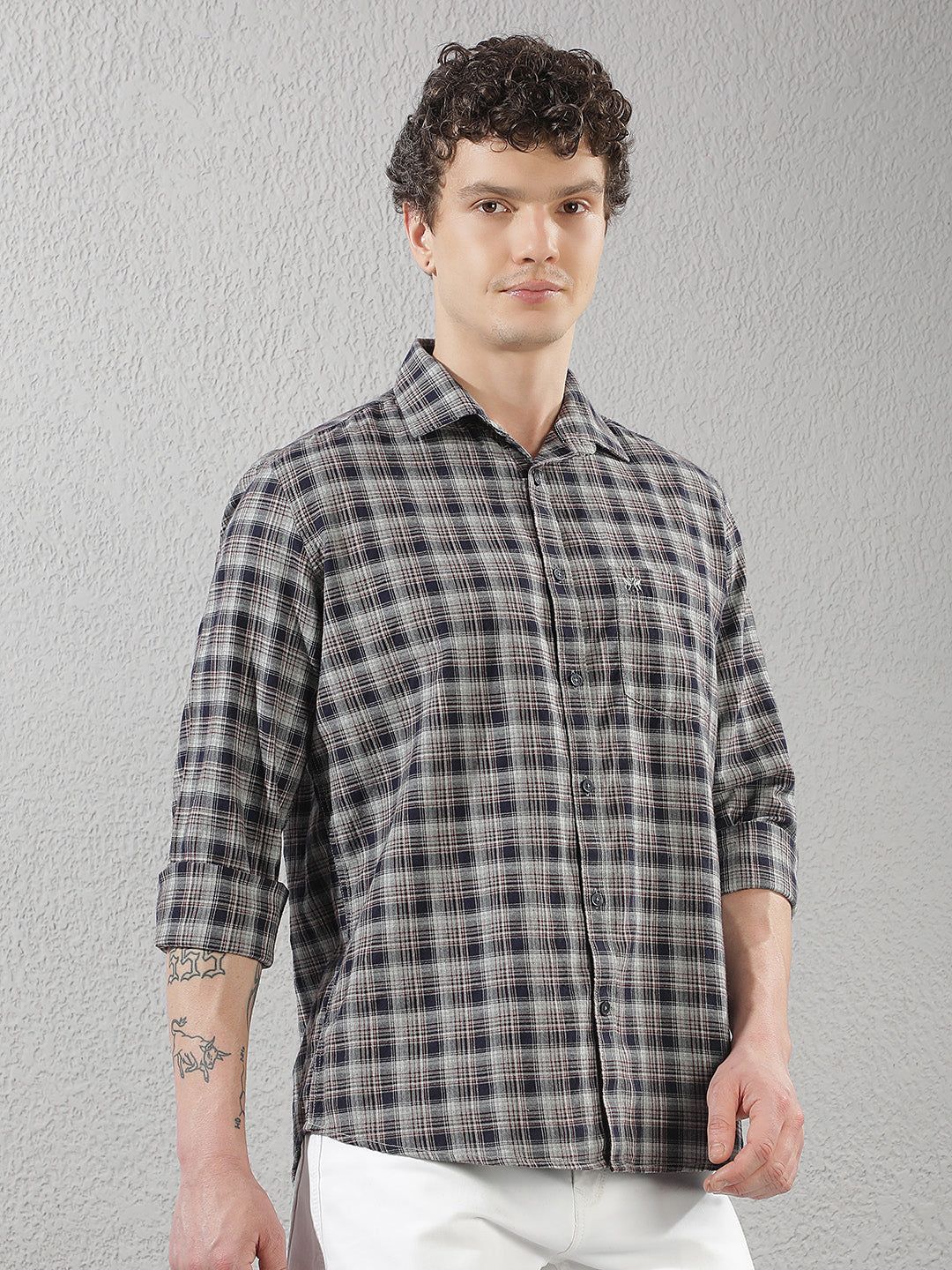 Navy Blue 100% Cotton Checked Shirt