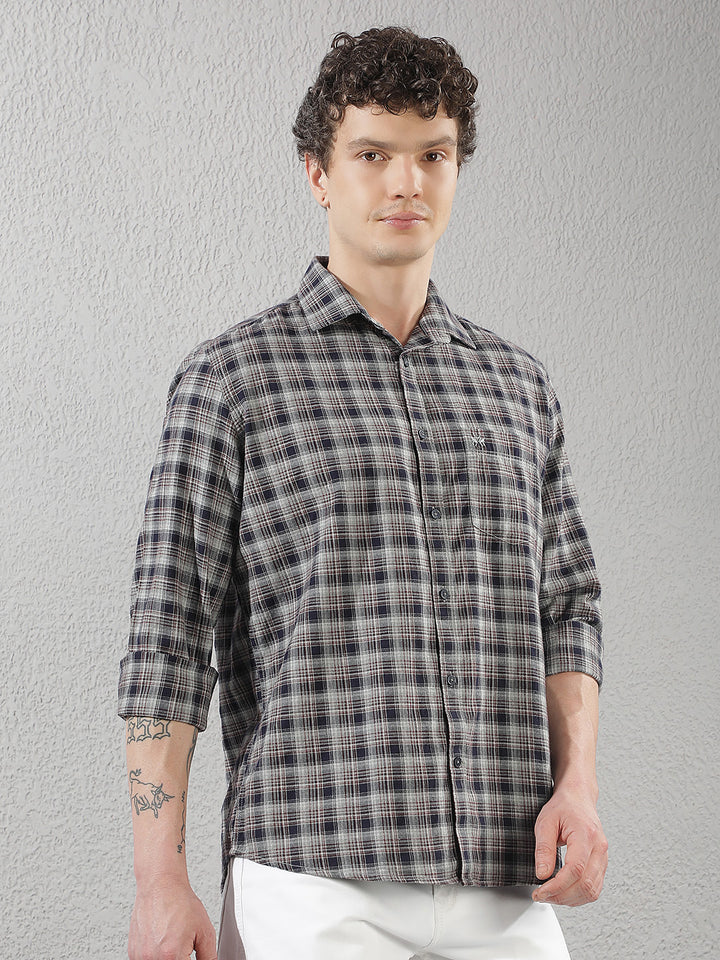 Navy Blue 100% Cotton Checked Shirt